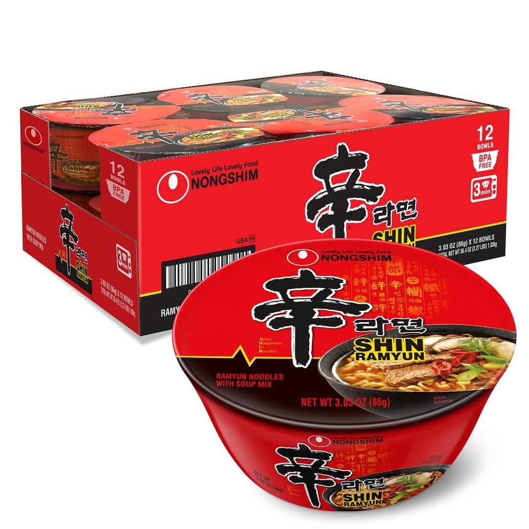 Nongshim Shin Ramyun Bowl Noodles, Spicy Korean Signature Instant Ramyun, Rich Beef Flavored Broth, Quick and Easy, Microwaveable Bowl, 3.03 oz (Pack of 12) (EXP 06/22/27)