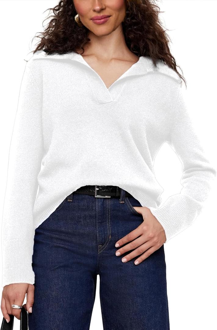 Women's Sweater, Commuting Long Sleeve Polo V Neck Knit Pullover Sweater Loose for Valentine's Day (Medium, White)