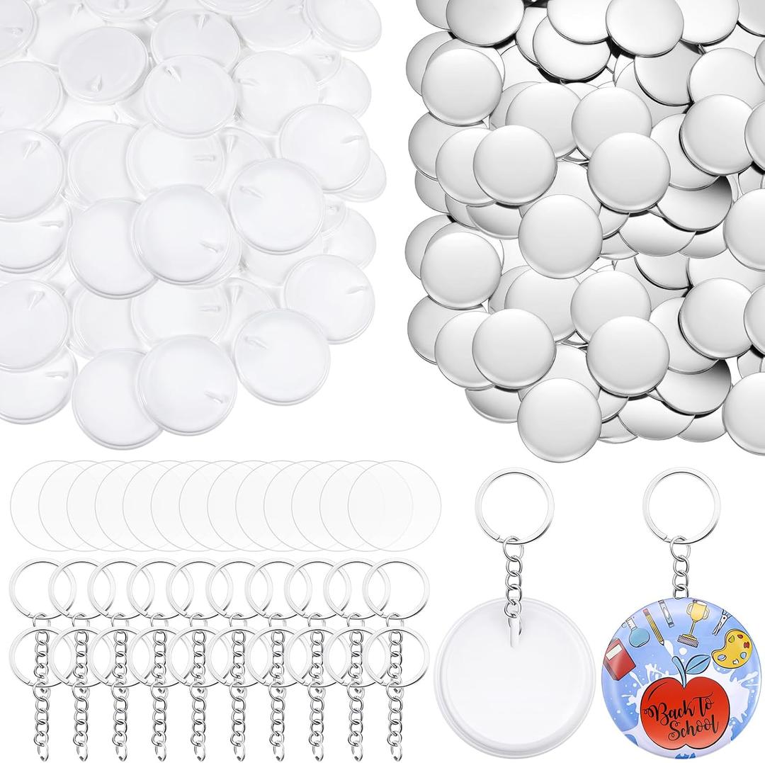 Tondiamo 100 Sets 58 mm/ 2.25 Inch Button Maker Keychains Supplies Metal Button Badge Sets Including Metal Shell, Plastic Film, Backing Parts, Keychain for Maker Machine DIY Gifts (Plastic Base)