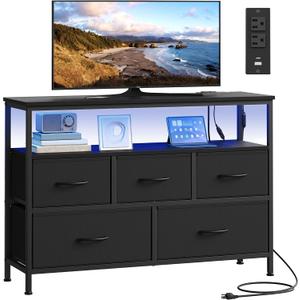 SONGMICS BELLAH Collection - Dresser for Bedroom with App-Controlled LED Lights and Charging Station, Chest of Drawers, TV Stand, 5 Drawers, Shelf, Modern, Ink Black ULGS723BH02S, 11.8"D x 38.9"W x 26.8"H