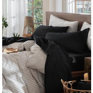 MooMee Bedding Sheet Set 100% Washed Cotton Linen Like Textured Breathable Durable Soft Comfy (Solid Black, Queen)