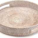 11.8" Round Rattan Tray, Hand Woven Serving Tray with Handles, Wicker Serving Basket, Decorative Tray for Home Decor, Whitewash