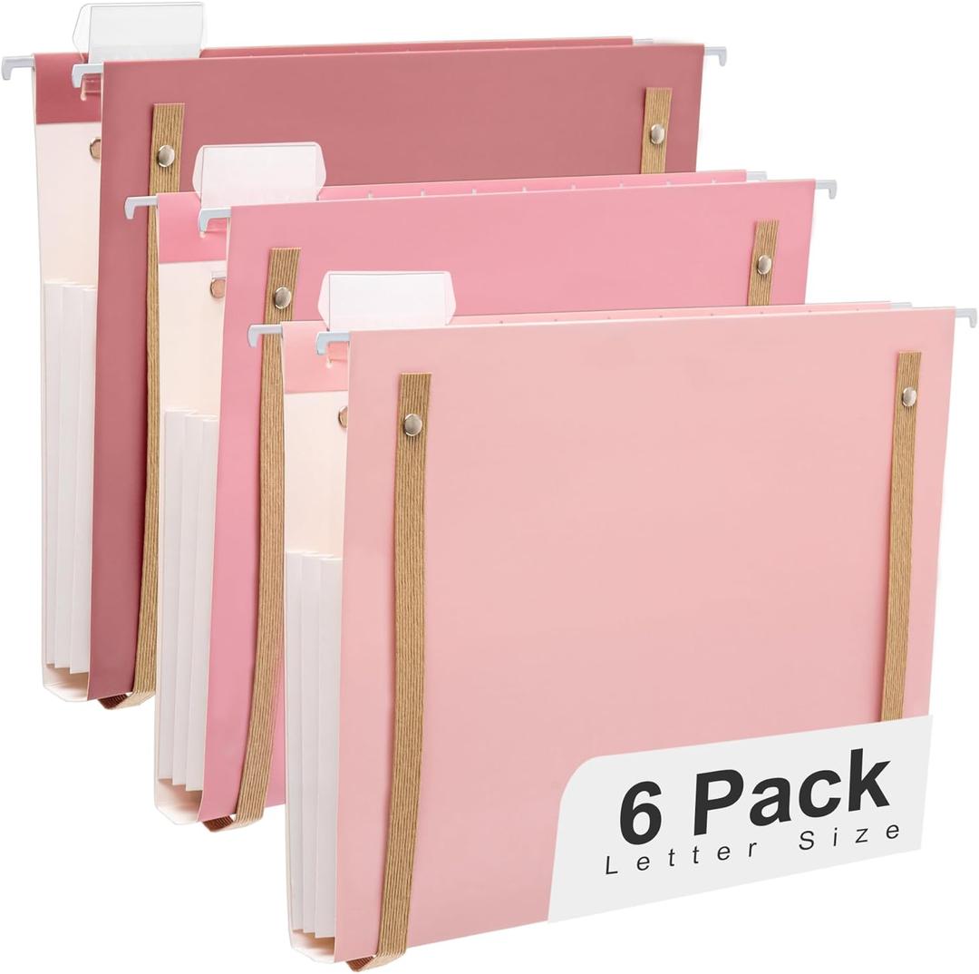 Y YOMA 6 Pack Extra Capacity Hanging File Folders with Handle Letter Size Accordion Decorative Reinforced File Folder Cute Colored Expandable Portable Folder with 1/5-Cut Adjustable Tabs, Cute Pink