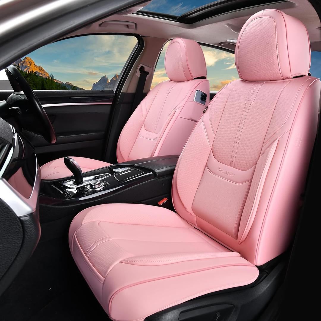 Car Seat Covers, Nappa Leather Car Seat Covers, Waterproof Automotive Seat Covers with Airbag Compatible, Universal Car Seat Protector Fit for Most SUV Sedans Trucks (Pink, Front)