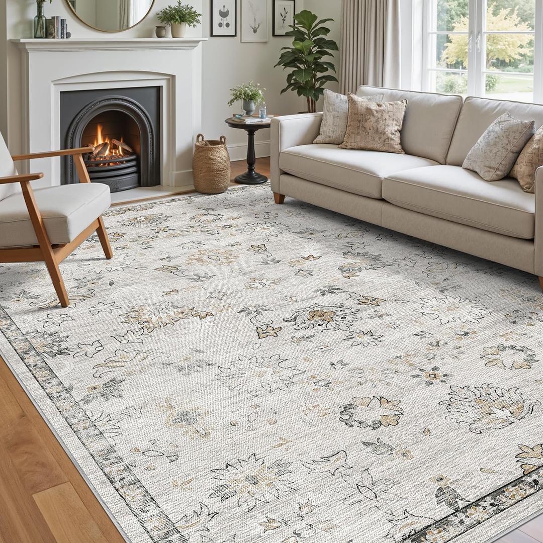 DEXI Area Rugs for Living Room, 8x10 Washable Low Pile Floral Rug for Bedroom, Non Slip Large Indoor Floral for Dining Office Nursery, Light Ash