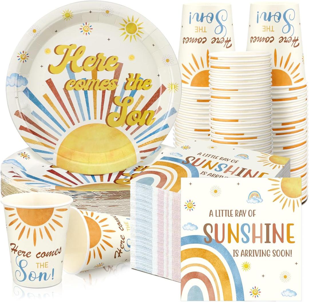 Hushee 200 Pcs Here Comes The Son Baby Shower Paper Plates Napkins Cups Baby Shower Party Supplies Boho Theme Sun Tableware Set Disposable Cup Napkin for 50 Guest Party Decoration (Yellow)