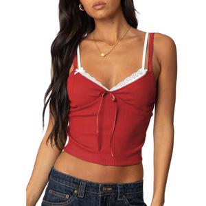 Women Camisole Tank Tops Lace Trim Slim Fit Cami Tops Spaghetti Strap Crop Shirt Bralettes Red M (M)