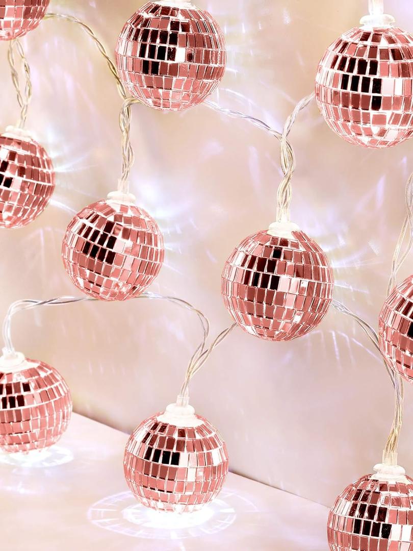 BBTO LED Disco Ball String Light Battery Powered Mirror Balls Ornaments for Outside Backyard Porch 70s 80s Disco Party Supplies(1.57 Inch,Rose Gold)
