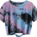 Avanova Tie Dye Shirt Women Ripped Short Sleeve Crop Tops Distressed Cropped T Shirts for Concert Halloween Goth Rock (L)