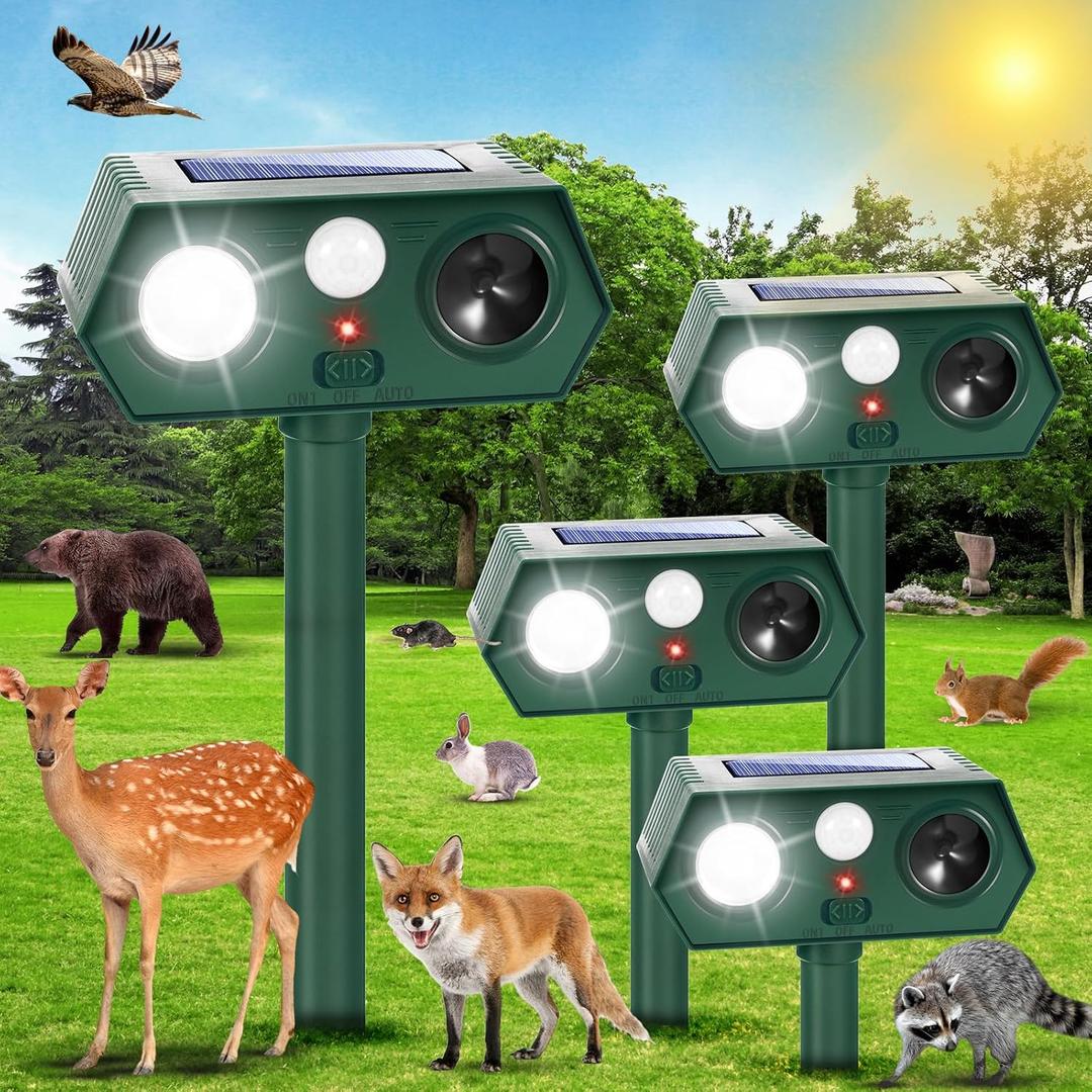 4Pack Sonic Fortress Pro Deer Repellent Device,Solar Ultrasonic Animal Repellent with Flash Light to Protect Hostas&Plants,Motion Activated Deer Repellent Devices for Plants,Yard,Garden