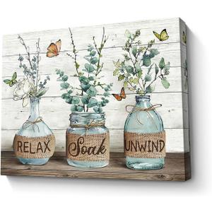 Parylore Farmhouse Bathroom Decor Wall Art Green Leaves Botanical Picture Relax Soak Unwind Bathroom Sign Painting Framed Modern Artwork For Living Room Bedroom Bathroom Office Home Decor 12x16 In