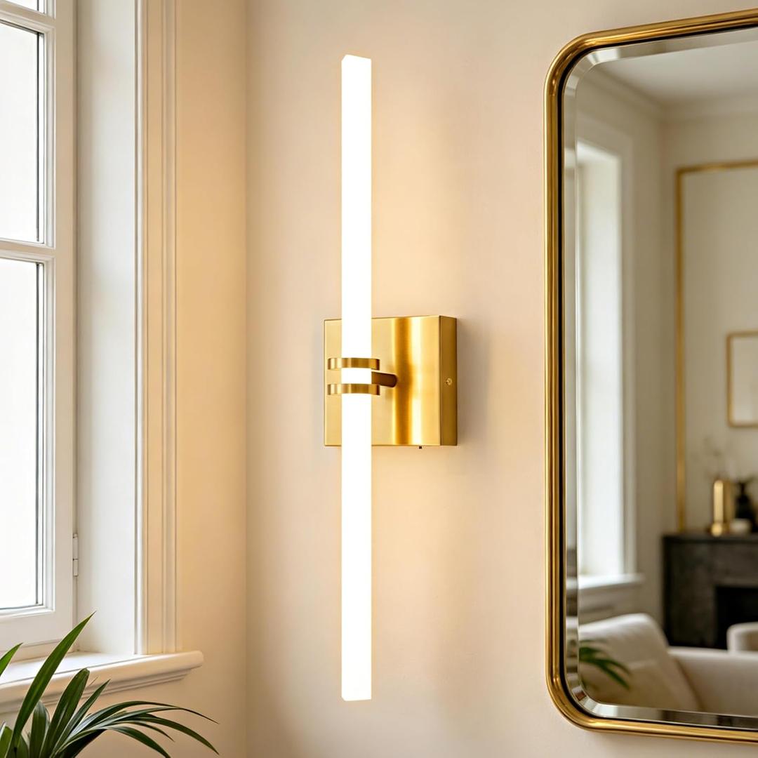Bathroom Light Fixtures,Gold 18W LED 360 Full Lighting Modern Wall Sconce Vanity Ligh with 5-Color Dimmable 3000K-6000K, 22.05inch Vanity Lighting for Bath, Powder Room, Bedroom, Hallway