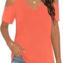 Elesomo Womens Short Sleeve Tshirts V Neck Cold Shoulder T-Shirt Summer Tee Tops, Coral M