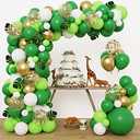 RUBFAC 268pcs Jungle Safari Balloons Garland Arch Kit, Green and Gold White Confetti Balloons with Artificial Tropical Palm Leaves for Birthday Baby Shower Wild One Animal Dinosaur Theme Decoration