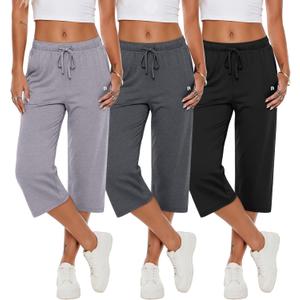 Neer 3 Pack Women's Capri Pants, Wide Leg Basic Sweatpants Lounge Loose Fit Casual Drawstring Yoga Capris with Pockets