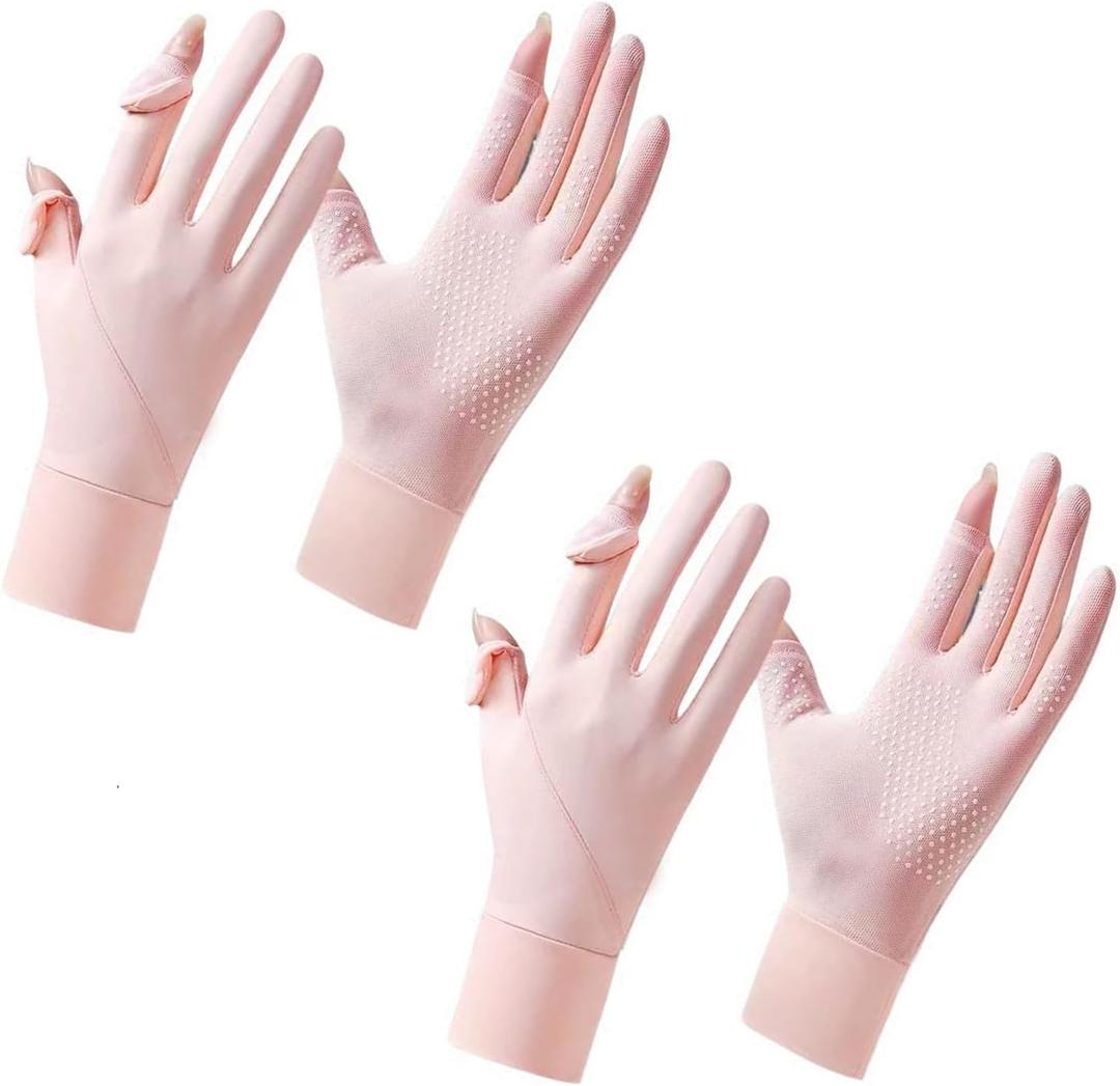 2 Pairs Women's UV Sun Protection Sunblock Gloves Full Finger Breathable Non-Slip Touchscreen Driving Gloves