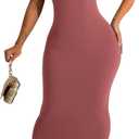 Women's Sexy Casual Bodycon Ribbed Tank Dress Scoop Neck Sleeveless Club Dresses (Pink, L)