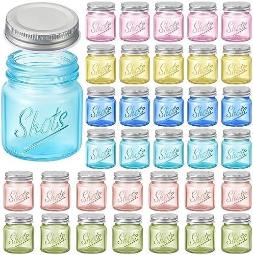 Tessco 18 Pcs Mini Mason Jar Shot Glasses with Lids 2 oz Dishwasher Safe Mason Canning Jars for Bachelorette Wedding Party Favors Bar Drinks Home Desserts Honey Jam Candy Storage (Fresh Color)