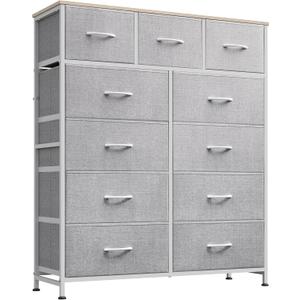 WLIVE Tall Dresser for Bedroom, Fabric Dressers Storage Tower, Dresser & Chest of Drawers Organizer Unit with 11 Drawers, Storage Cabinet, Hallway, Closets, Steel Frame, Wood Top, Light Grey, 11.7"D x 35.6"W x 42.2"H
