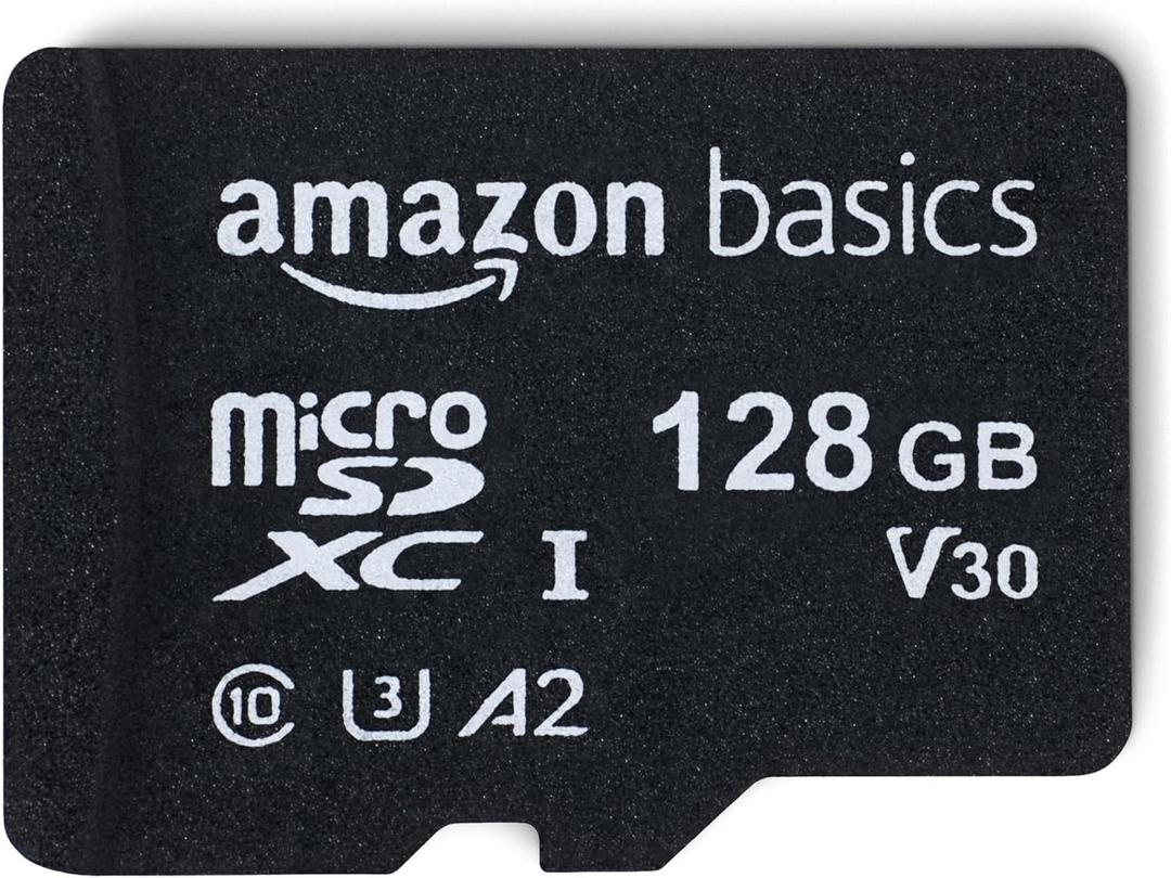 Amazon Basics microSDXC Memory Card with Full Size Adapter, A2, U3, Read Speed up to 100 MB/s, 128GB, Black