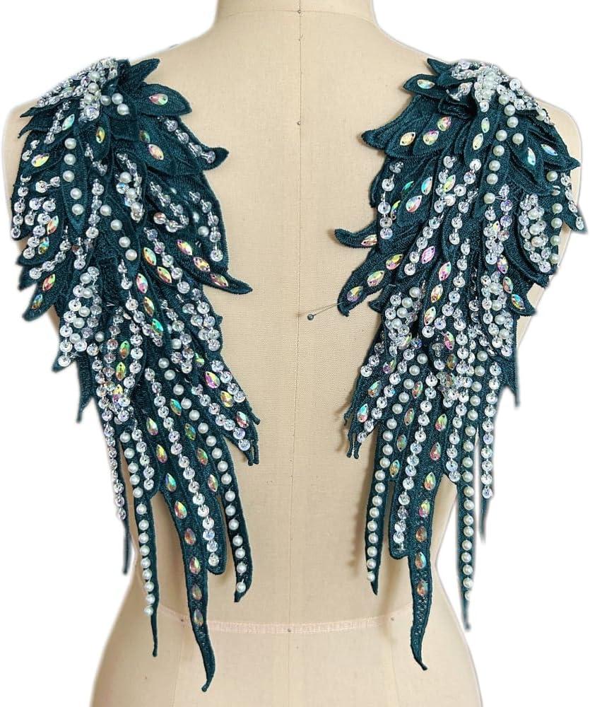succi shan Wings Sequins Guardian Angels Patches Rhinestone Applique On for Clothes Jackets Jeans Dress DIY Decoration,1 Pair (Deep Green)