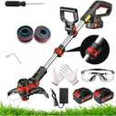 String Trimmers 21V 8-inch Cordless Weed Trimmer with Auto Line Feed, 2 X 2.0Ah Battery Powered Grass Cutter Lawn Edger Fast Charger Included (Black and red)
