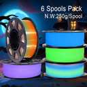 1.75mm PLA 3D Printer Filament Bundle: Glow in Dark Green/Blue/Purple/Rainbow, One Spool Clear Multi Colored, Each Spool 250g, Total 1.25Kg 3D Printing Material, 250g x 5 Spools Glow in Dark PLA