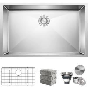 Kitchen Sink 30x18 Inch Undermount Sink Stainless Steel 16 Gauge Single Bowl Kitchen Sinks Set (5 Item Bundle: Sink, Bottom Grid, Drain Assembly, Drain Cap, Towel)