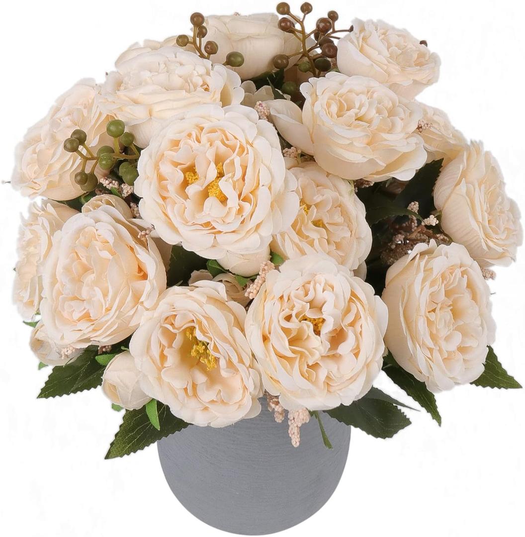 Artificial Peonies Silk Flowers, Beige Faux Peony Bouquet 4 Bundles Florals Arrangements Decor for Farmhouse Home Boho Wedding Table Centerpiece, Fake Plastic Flowers Bulk for Vase Decoration (Beige)