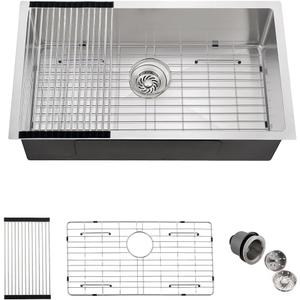 30 Stainless Steel Kitchen Sink Undermount, Dorzom 30 x 17 x 9 In Stainless Steel Sink 16 Gauge Single Bowl Kitchen Sink Under-mount with Bottom Grid & Rolled Drying Rack, Stainless 30"x17"x9" RR