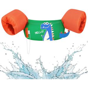 HeySplash Kids Swimming Vest, Toddler Floaties Fit 20-50 Lbs, Puddle Kids Jumper with Adjustable Strap, Swim Jacket Water Wing Baby Arm Floats, Sea Beach Swim Aid for 2-6 Years, Green Orange Dinosaur