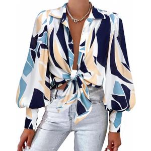 BTFBM Summer Blouses for Women Dressy Casual 2026 Long Sleeve Button Down Shirt V Neck Boho Spring Tops Fashion Clothing (Blue, S)
