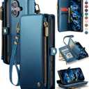 Defencase Compatible with iPhone 16 Case Wallet with RFID Blocking Card Holder for Women and Men, Fashion PU Leather Magnetic Snap Flip Zipper Strap Wallet Phone Case for iPhone 16 6.1", Dark Blue