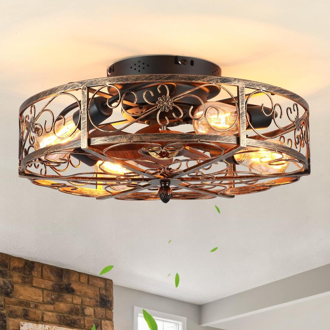 20'' Caged Ceiling Fan with Lights and Remote Control,Small Farmhouse Bladeless Low Profile Ceiling Fans Lights,Vintage Flush Mount Ceiling Light,Reversible Motor 6 Speeds for Bedroom,Living Room (Beige)