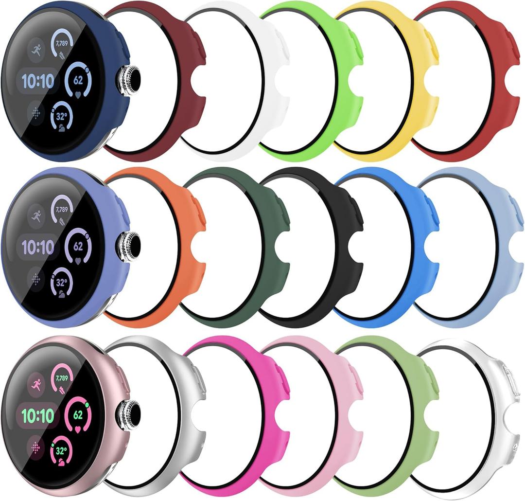 18 Pack Case for Google Pixel Watch 3 45mm with Tempered Glass Screen Protector, Shockproof Hard PC Bumper Protective Cover Compatible with Pixel Watch 3 45mm