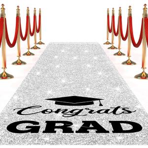 Sliner Glitter Silver Congrats Grad Carpet Runner Rug for Graduation Prom Party Decorations 2ft x 15ft Glitter Graduation Runway Rug for Prom Party Decor Aisle Runner for School College Grad Ceremony, 4" x 24"