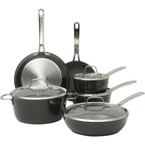 Sur La Table Kitchen Essentials Cool Commune Hard Anodized 10 Piece PFA Free Ceramic Non stick Interior Forged Durable Aluminum Pots and Pans Cookware Set - Black - Induction Compatible