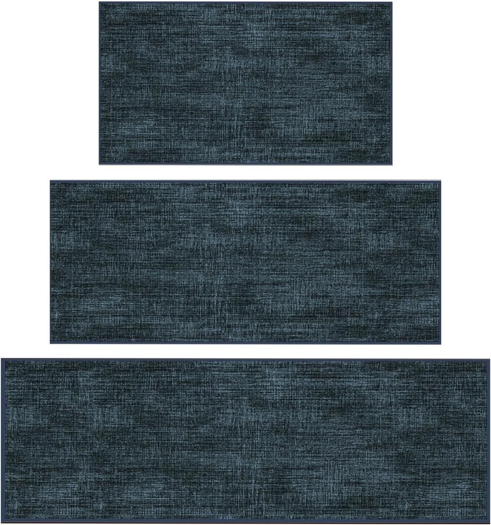 Ottomanson 3-Piece Machine Washable Kitchen Rug Set, Non Slip Kitchen Floor Mats & Runner, Low Profile, for Sink, Stove & Kitchen Island, 22.5" x 36" + 22.5" x 48" + 22.5" x 60", Tonal Charcoal Navy