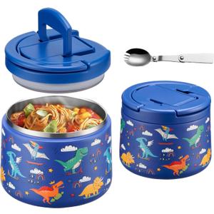 14oz Insulated Vacuum Food Jar with Buckle Lid,Soup Thermo for Hot Food Kids,Wide Mouth Leakproof Stainless Steel Lunch Container with Spoon-Dinosaur