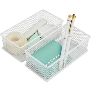 Annova Mesh Stackable Drawer Cabinet and Shelf Organizer Bins Storage Basket School Office Supply Holder Tray- Set of 2 (White, 3x6x2 Inch)