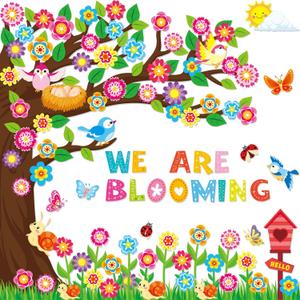 161 Pcs Spring Bulletin Board Decorations Spring Classroom Tree Bulletin Board Colorful Flowers Butterfly Leaf Bird We are Blooming Cutouts for Back to School Classroom Home Party Decor
