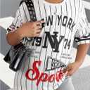 RoseSeek Girl's Jersey Shirts Letter Striped Graphic Tees Crewneck Y2K Tops Football Jersey Streetwear (White)