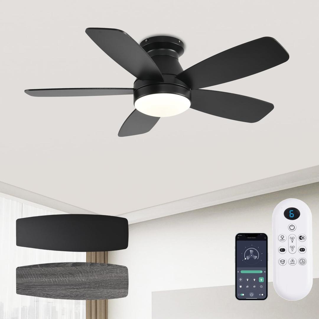 Ceiling Fans with Lights, 42 Inch Low Profile Ceiling Fan with Light and Remote/App Control, Flush Mount, Reversible, 3CCT, Dimmable, Noiseless, Black Ceiling Fan for Indoor/Outdoor Use, Black 