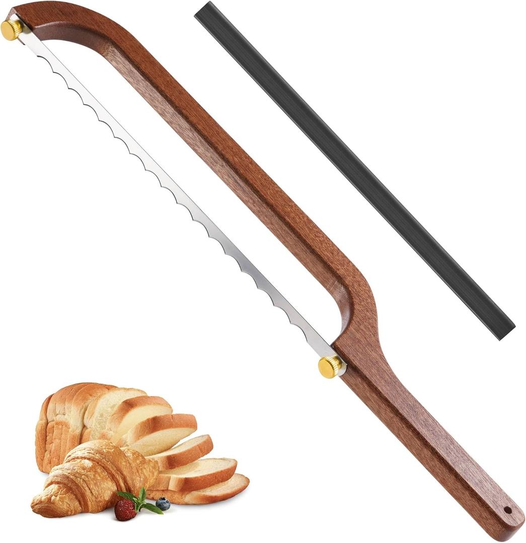 Bread Knife for Homemade Bread Sourdough,16" Wooden Slicer Stainless Steel Saw Sourdough Cutter Fiddle Bow Design Easy to Even Slicing Breadly Bowl Knife for French Baguette & More