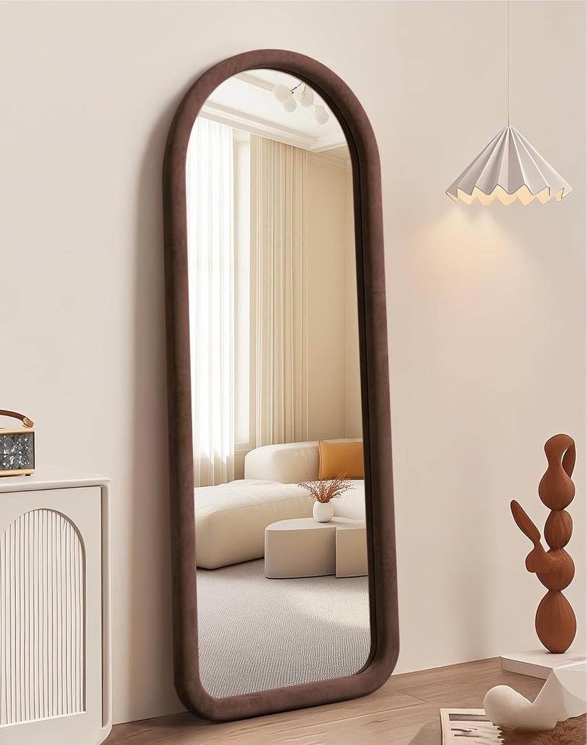 Delma Arched Full Length Mirror, Free Standing Floor Velvet Finish Frame Mirror for Leaning or Hanging, Soft Touch Bedroom & Living Room Decor, Brown (55"L x 20"W)