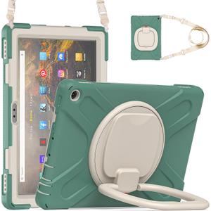 All-New Fire HD 10 & Fire HD 10 Plus Tablet case for Kids(2021 Release,11th Generation),Heavy Sturdy Shockproof Kids Case,Rotating Stand/Carrying Strap, Dark Green