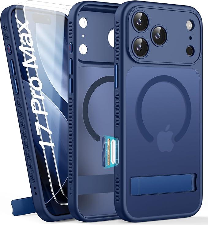 BXYJY for iPhone 17 Pro Max Magnetic Case with Stand, 2 Glass Screen Protectors, Lens Protection, Compatible with MagSafe, Camera Control, Military Grade, Translucent Case for iPhone 17 Pro Max, Blue