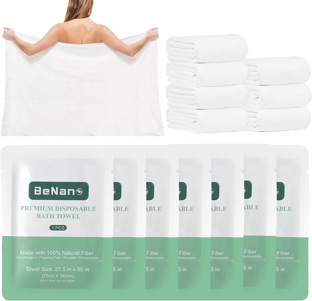 Benano Premium Disposable Towel, 100% USDA Biobased 55 in x 27.5 in Large Bath Towel Travel Towel Washcloth Reusable for Hotel Camping Sports Hiking Beach Massage Salon Gym Biodegradable (7 Pack)