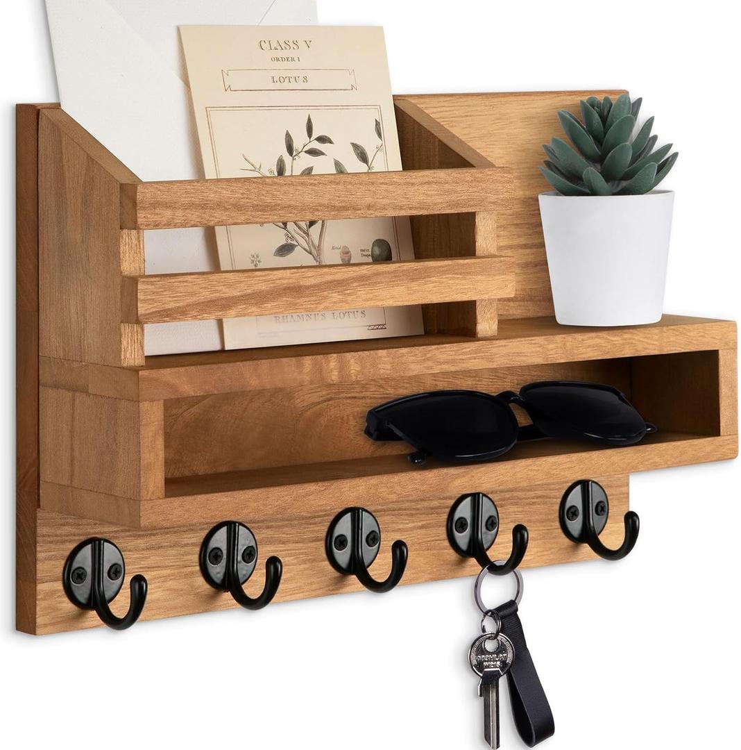 Key and Mail Holder Wall Mount, Key Hanger with Long Storage Box and Key Hooks for Coat, Dog Leash, Home Decor Rack, House Accessories, Entry Way Organizer (Standard - 11.8 Inch, Light Brown)