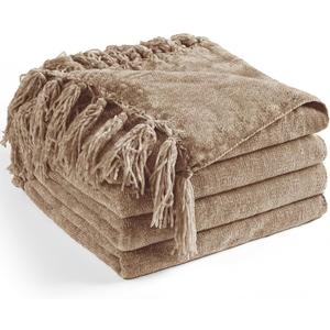Chenille Throw Blanket for Couch 50"X 60", Soft Cozy Throws with Fringe Tassel for Bed Sofa Chair Cover, Lightweight Knitted Decorative Boho Blankets for Living Room, Taupe
